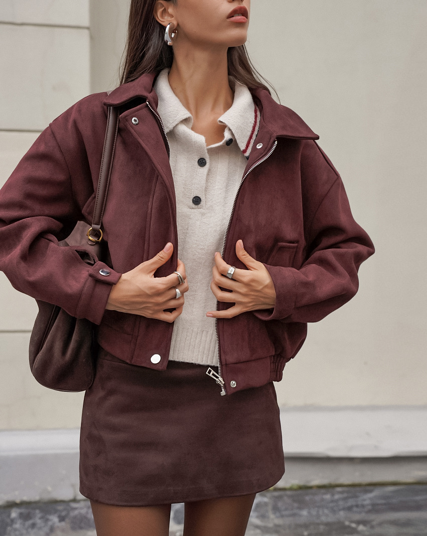 Women's Oversized Suede-Like Bomber Jacket, Zip-Up Cropped Coat with Collar, Casual Relaxed Outerwear for Fall &amp; Winter