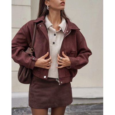 Women's Oversized Suede-Like Bomber Jacket, Zip-Up Cropped Coat with Collar, Casual Relaxed Outerwear for Fall & Winter 01