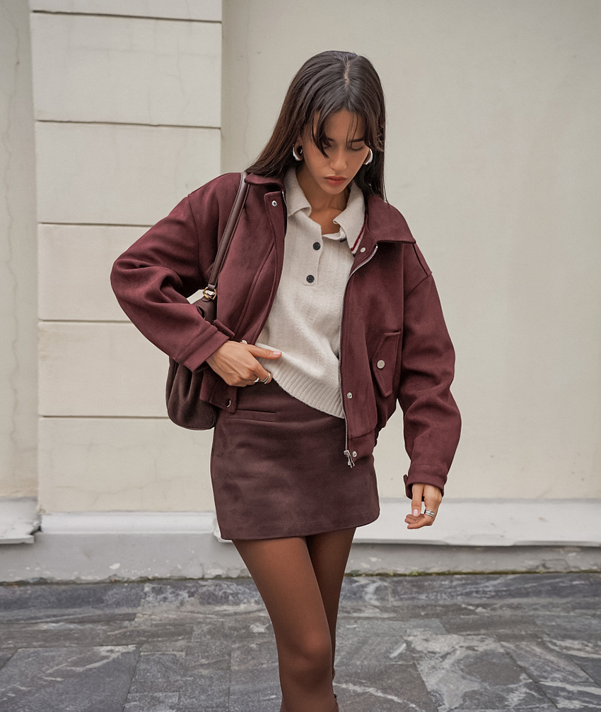 Women's Oversized Suede-Like Bomber Jacket, Zip-Up Cropped Coat with Collar, Casual Relaxed Outerwear for Fall &amp; Winter