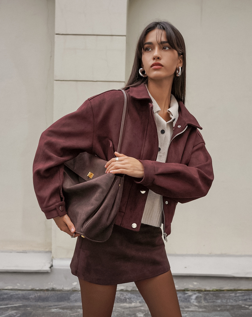 Women's Oversized Suede-Like Bomber Jacket, Zip-Up Cropped Coat with Collar, Casual Relaxed Outerwear for Fall &amp; Winter