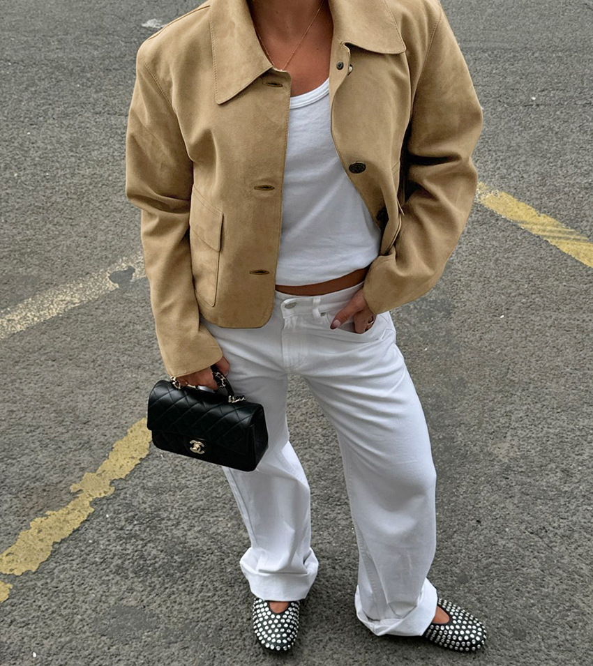 Women's Cropped Faux Suede Jacket, Collared Button-Down Coat with Patch Pockets, Casual Outerwear for Spring &amp; Fall