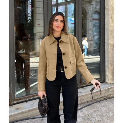 Women's Cropped Faux Suede Jacket, Collared Button-Down Coat with Patch Pockets, Casual Outerwear for Spring & Fall 01