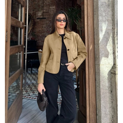 Women's Cropped Faux Suede Jacket, Collared Button-Down Coat with Patch Pockets, Casual Outerwear for Spring & Fall 02