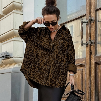 Women's Oversized Leopard Print Shirt, Long Sleeve Button-Down Blouse with Chest Pocket, Casual Loose Top for Spring & Fall 01