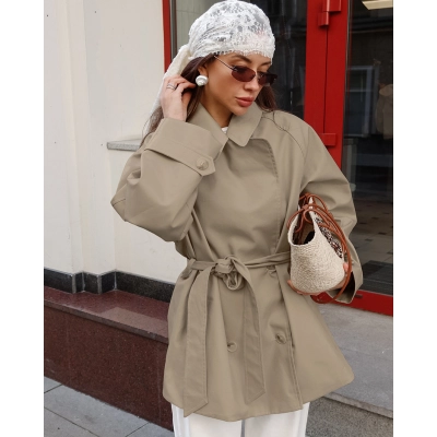 Women's Belted Trench Coat, Mid-Length Double Breasted Jacket with Waist Tie, Casual Outerwear for Spring & Fall 01