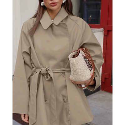 Women's Belted Trench Coat, Mid-Length Double Breasted Jacket with Waist Tie, Casual Outerwear for Spring & Fall 02