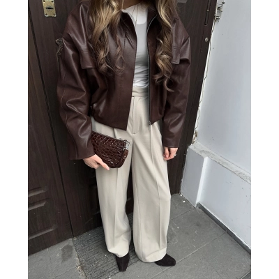 Women's Cropped Faux Leather Jacket, Collared Button-Down Coat with Flap Pockets, Casual Outerwear for Spring & Fall 01