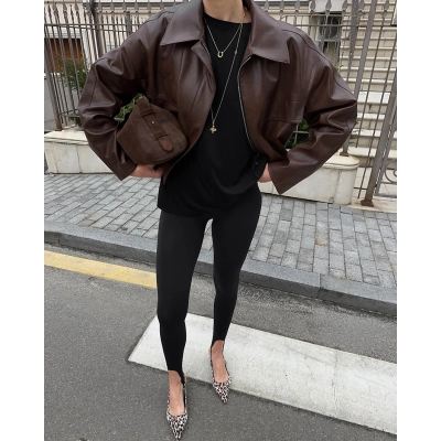 Women's Cropped Faux Leather Jacket, Collared Button-Down Coat with Flap Pockets, Casual Outerwear for Spring & Fall 02