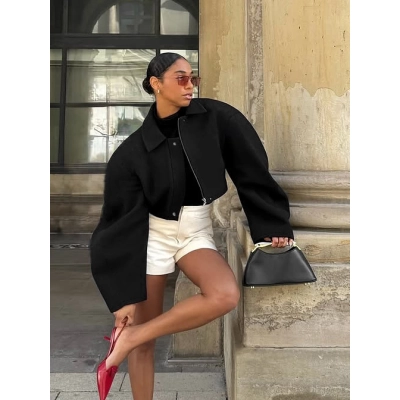 Women's Oversized Cropped Wool Blend Jacket, Collared Zip-Up Coat with Wide Sleeves, Casual Outerwear for Fall & Winter 02