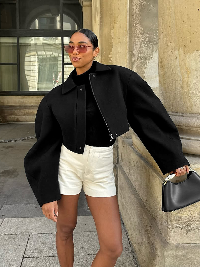 Women's Oversized Cropped Wool Blend Jacket, Collared Zip-Up Coat with Wide Sleeves, Casual Outerwear for Fall &amp; Winter