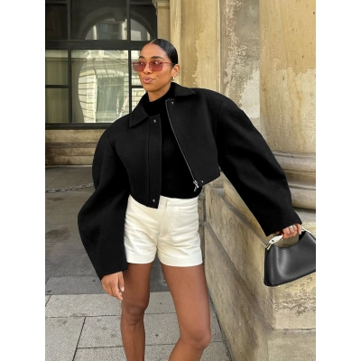 Women's Oversized Cropped Wool Blend Jacket, Collared Zip-Up Coat with Wide Sleeves, Casual Outerwear for Fall & Winter 01