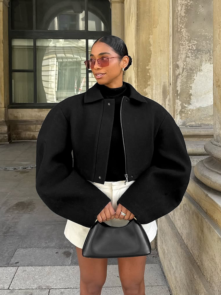 Women's Oversized Cropped Wool Blend Jacket, Collared Zip-Up Coat with Wide Sleeves, Casual Outerwear for Fall &amp; Winter