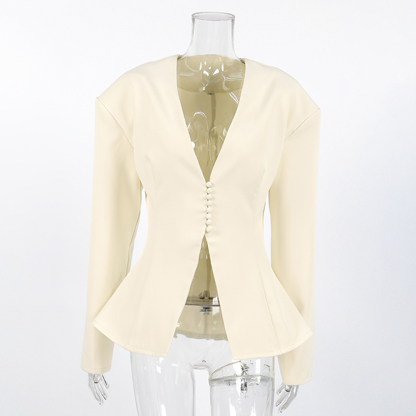 Women's Cinched Waist Blazer, Structured V-Neck Jacket with Statement Buttons, Elegant Tailored Outerwear for Office &amp; Evening