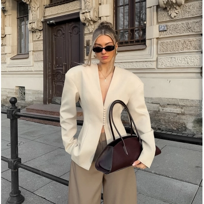 Women's Cinched Waist Blazer, Structured V-Neck Jacket with Statement Buttons, Elegant Tailored Outerwear for Office & Evening 01