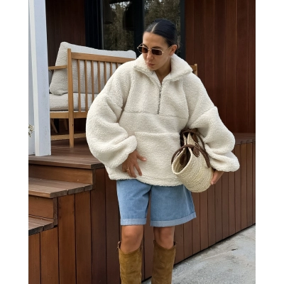 Women's Oversized Half-Zip Sherpa Pullover, Stand Collar Teddy Sweatshirt with Kangaroo Pocket, Casual Warm Outerwear for Fall & Winter 01
