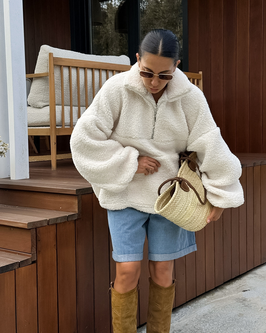 Women's Oversized Half-Zip Sherpa Pullover, Stand Collar Teddy Sweatshirt with Kangaroo Pocket, Casual Warm Outerwear for Fall &amp; Winter