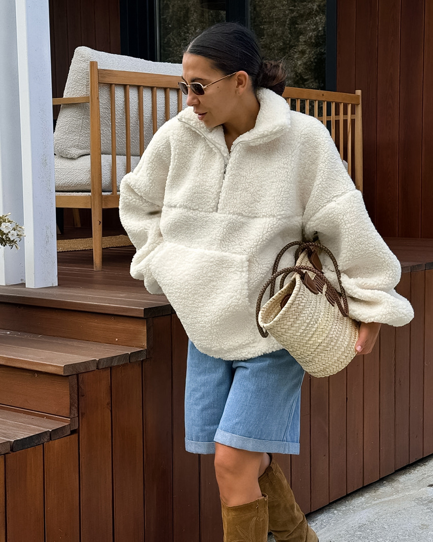 Women's Oversized Half-Zip Sherpa Pullover, Stand Collar Teddy Sweatshirt with Kangaroo Pocket, Casual Warm Outerwear for Fall &amp; Winter