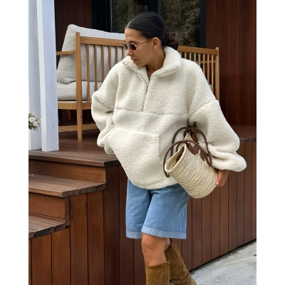 Women's Oversized Half-Zip Sherpa Pullover, Stand Collar Teddy Sweatshirt with Kangaroo Pocket, Casual Warm Outerwear for Fall & Winter 02