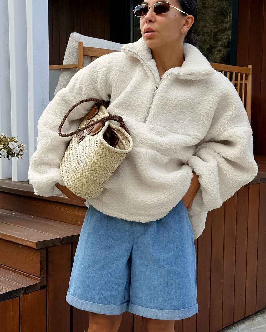 Women's Oversized Half-Zip Sherpa Pullover, Stand Collar Teddy Sweatshirt with Kangaroo Pocket, Casual Warm Outerwear for Fall &amp; Winter