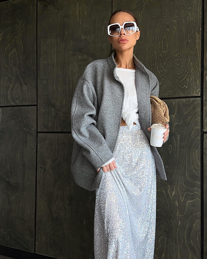 Women's Oversized Stand Collar Wool Blend Coat, Open Front Relaxed Jacket with Long Sleeves, Casual Outerwear for Fall &amp; Winter