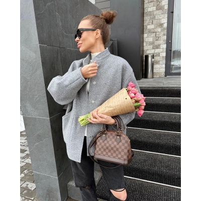 Women's Oversized Stand Collar Wool Blend Coat, Open Front Relaxed Jacket with Long Sleeves, Casual Outerwear for Fall & Winter 01