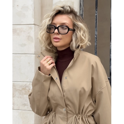Women's Drawstring Waist Parka Jacket, Stand Collar Oversized Trench Coat, Casual Outerwear with Adjustable Waist for Spring & Fall 02