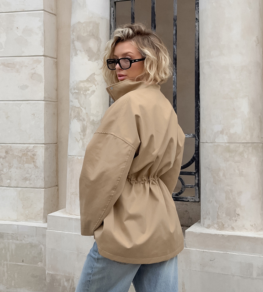 Women's Drawstring Waist Parka Jacket, Stand Collar Oversized Trench Coat, Casual Outerwear with Adjustable Waist for Spring &amp; Fall
