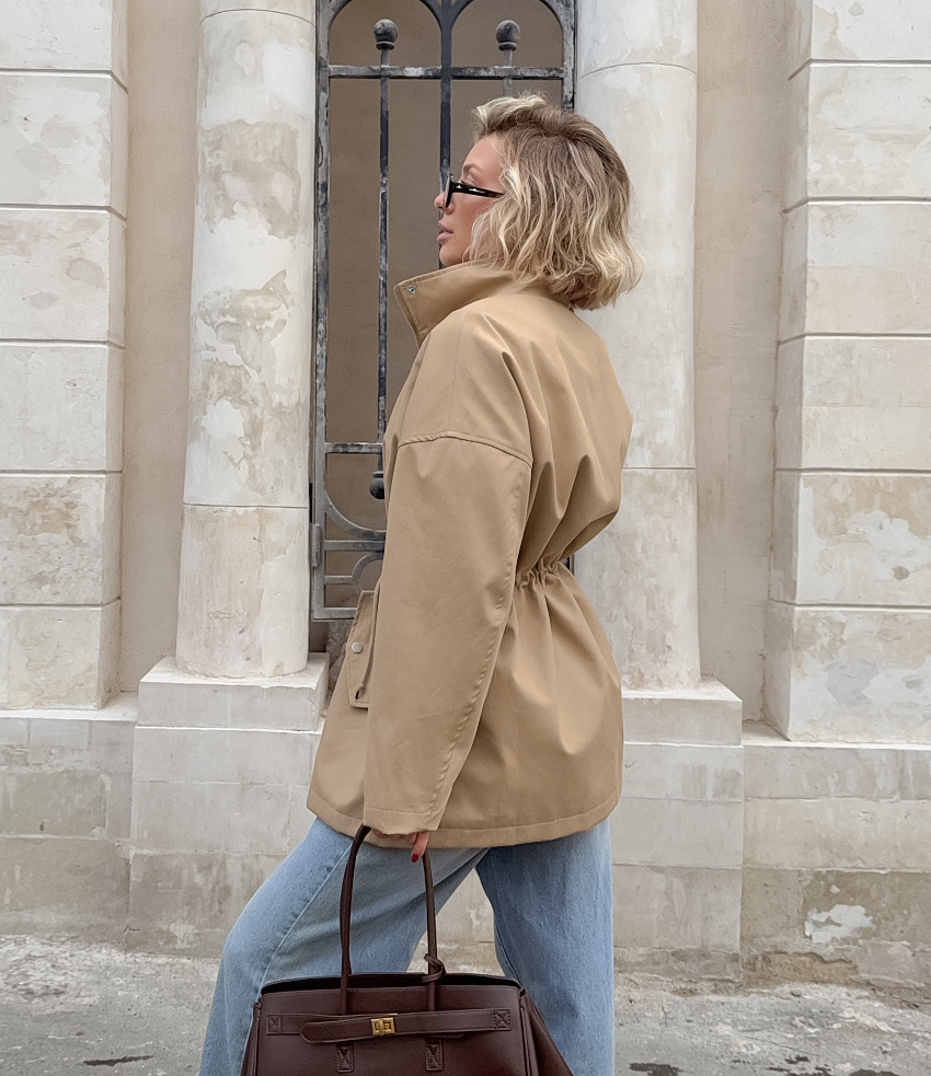 Women's Drawstring Waist Parka Jacket, Stand Collar Oversized Trench Coat, Casual Outerwear with Adjustable Waist for Spring &amp; Fall