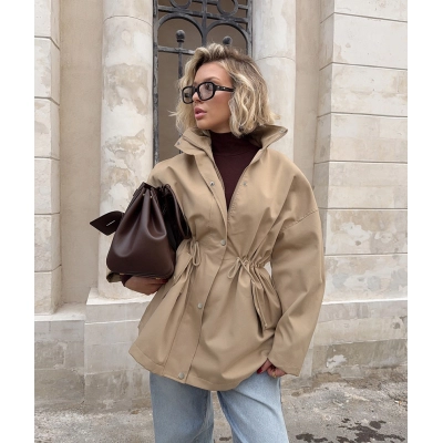Women's Drawstring Waist Parka Jacket, Stand Collar Oversized Trench Coat, Casual Outerwear with Adjustable Waist for Spring & Fall 01