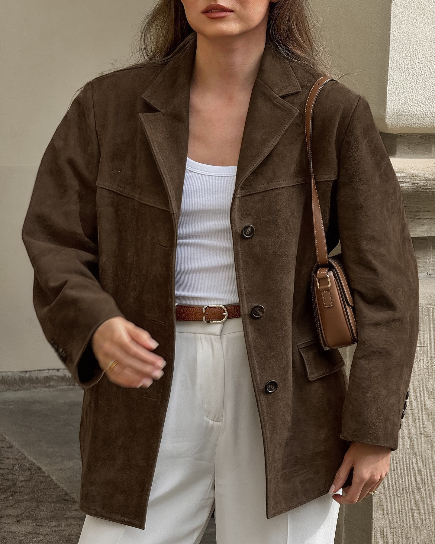 Women's Stand Collar Suede-Like Jacket, Single-Breasted Relaxed Coat with Patch Pockets, Casual Outerwear for Spring &amp; Fall