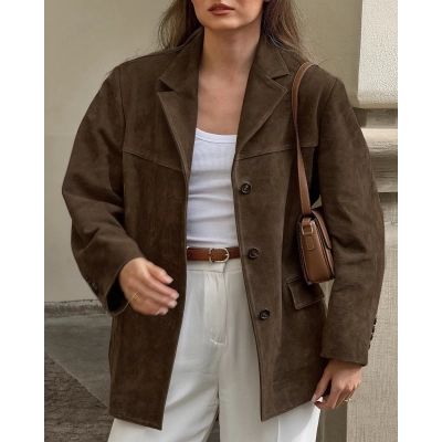 Women's Stand Collar Suede-Like Jacket, Single-Breasted Relaxed Coat with Patch Pockets, Casual Outerwear for Spring & Fall 01