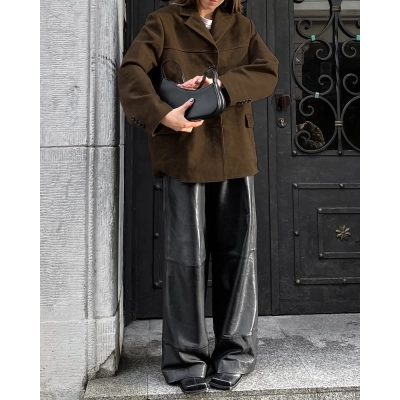 Women's Stand Collar Suede-Like Jacket, Single-Breasted Relaxed Coat with Patch Pockets, Casual Outerwear for Spring & Fall 02