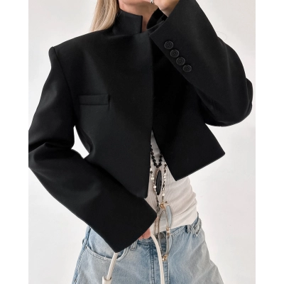 copy of Women's V-Neck Bouclé Wool Blend Jacket, Oversized Balloon Sleeve Coat with Welt Pockets, Casual Relaxed Outerwear for Fall & Winter 01