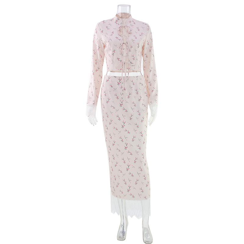 Women's Fashion 2-Piece Outfit Set - Trendy Lace-Up Long Sleeve Top with Floral Print &amp; Lace Spliced Slit Midi Skirt