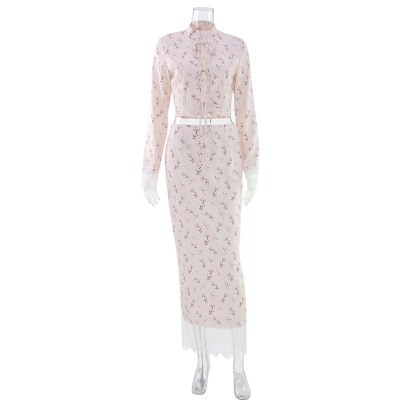 Women's Fashion 2-Piece Outfit Set - Trendy Lace-Up Long Sleeve Top with Floral Print & Lace Spliced Slit Midi Skirt 01