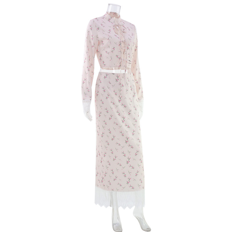 Women's Fashion 2-Piece Outfit Set - Trendy Lace-Up Long Sleeve Top with Floral Print &amp; Lace Spliced Slit Midi Skirt