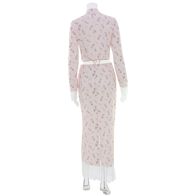 Women's Fashion 2-Piece Outfit Set - Trendy Lace-Up Long Sleeve Top with Floral Print &amp; Lace Spliced Slit Midi Skirt