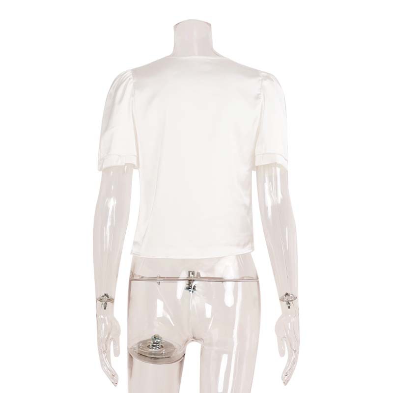 Women's Summer Fashion V-Neck Short Sleeve Top - Sexy Lace Spliced Tie-Up Slim Fit Blouse