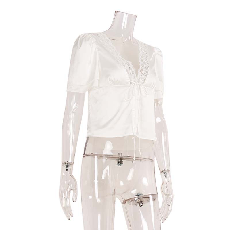 Women's Summer Fashion V-Neck Short Sleeve Top - Sexy Lace Spliced Tie-Up Slim Fit Blouse