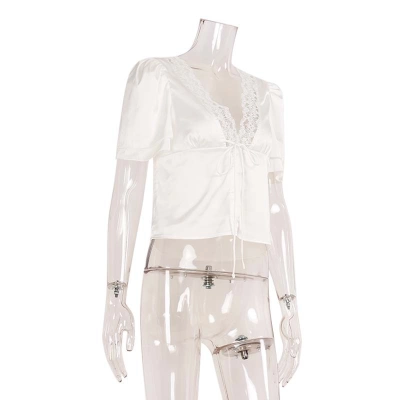 Women's Summer Fashion V-Neck Short Sleeve Top - Sexy Lace Spliced Tie-Up Slim Fit Blouse 02