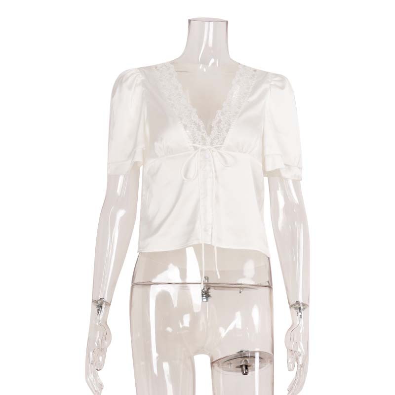 Women's Summer Fashion V-Neck Short Sleeve Top - Sexy Lace Spliced Tie-Up Slim Fit Blouse