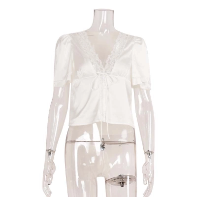 Women's Summer Fashion V-Neck Short Sleeve Top - Sexy Lace Spliced Tie-Up Slim Fit Blouse 01