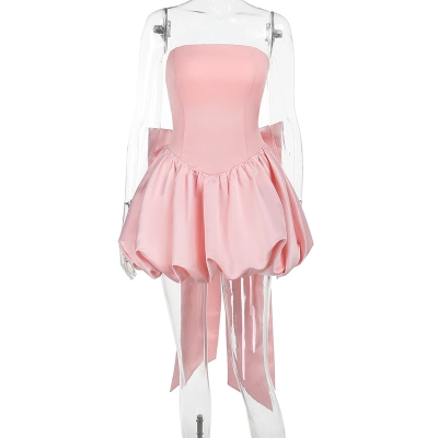 Women's Sexy Strapless Mini Dress - Bow Tie Bustier Cocktail Party Evening Gown with Lace-Up Back & High Slit 02