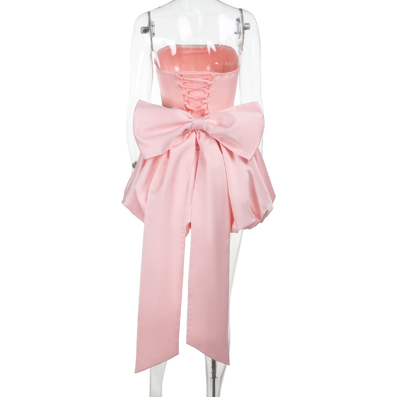 Women's Sexy Strapless Mini Dress - Bow Tie Bustier Cocktail Party Evening Gown with Lace-Up Back &amp; High Slit