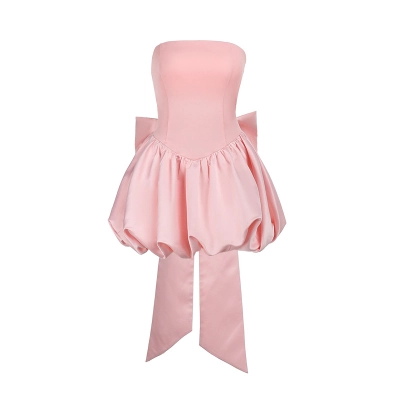 Women's Sexy Strapless Mini Dress - Bow Tie Bustier Cocktail Party Evening Gown with Lace-Up Back & High Slit 01
