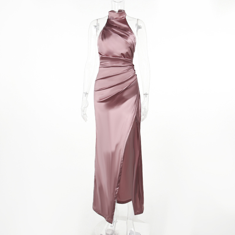 Women's Elegant Halter Neck Evening Dress - Sleeveless Ruched Slit Long Gown for Formal Party &amp; Cocktail