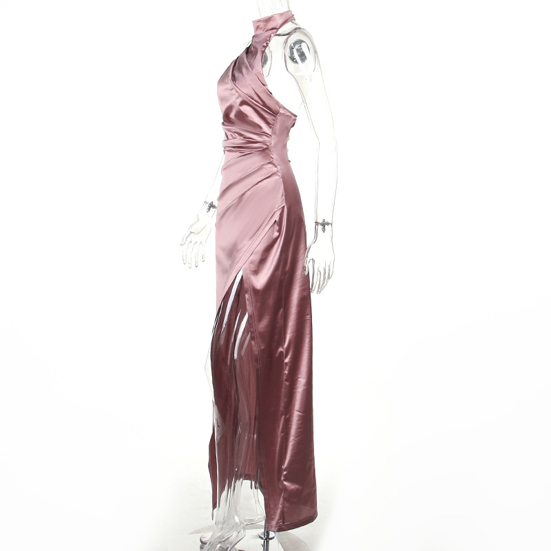 Women's Elegant Halter Neck Evening Dress - Sleeveless Ruched Slit Long Gown for Formal Party &amp; Cocktail