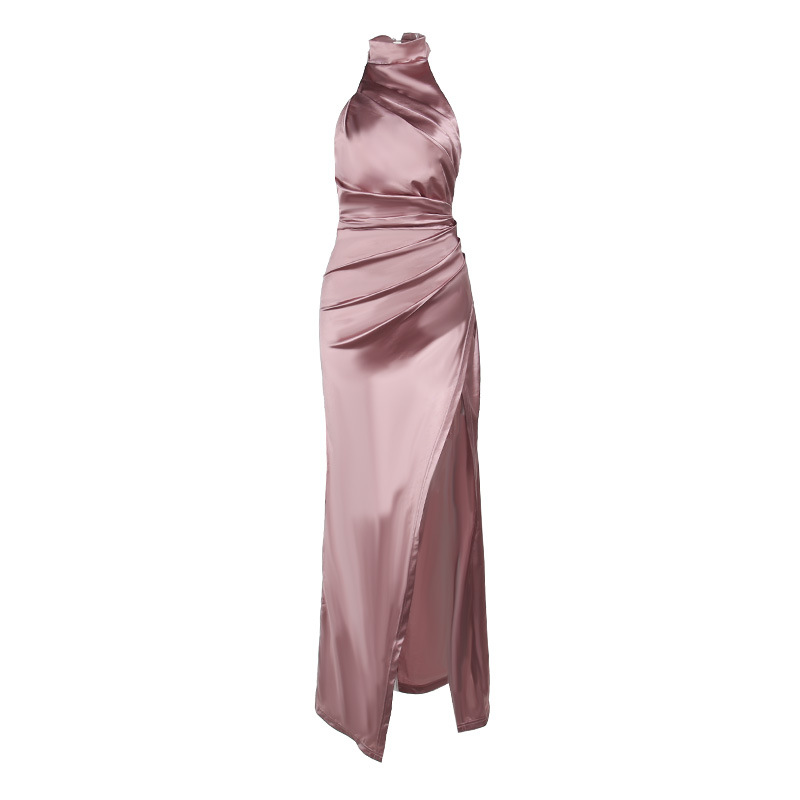 Women's Elegant Halter Neck Evening Dress - Sleeveless Ruched Slit Long Gown for Formal Party &amp; Cocktail