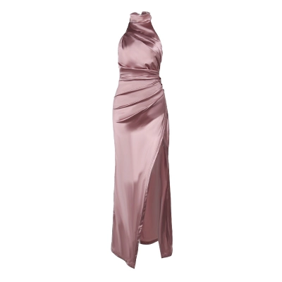 Women's Elegant Halter Neck Evening Dress - Sleeveless Ruched Slit Long Gown for Formal Party & Cocktail 01