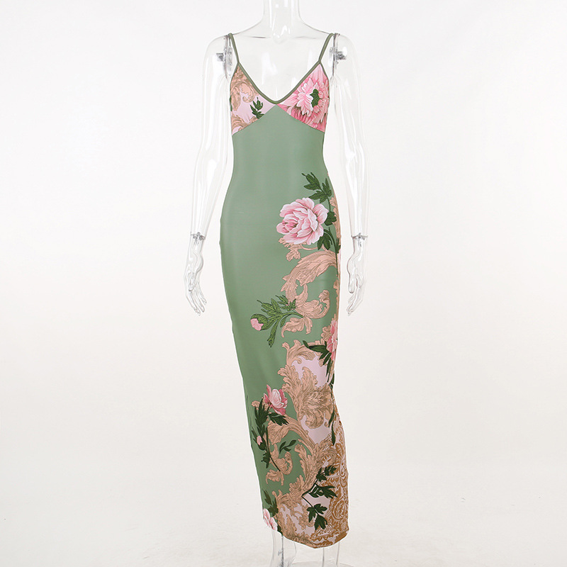 Women's Sexy V-Neck Spaghetti Strap Dress - Floral Print Backless Bodycon Mini Dress